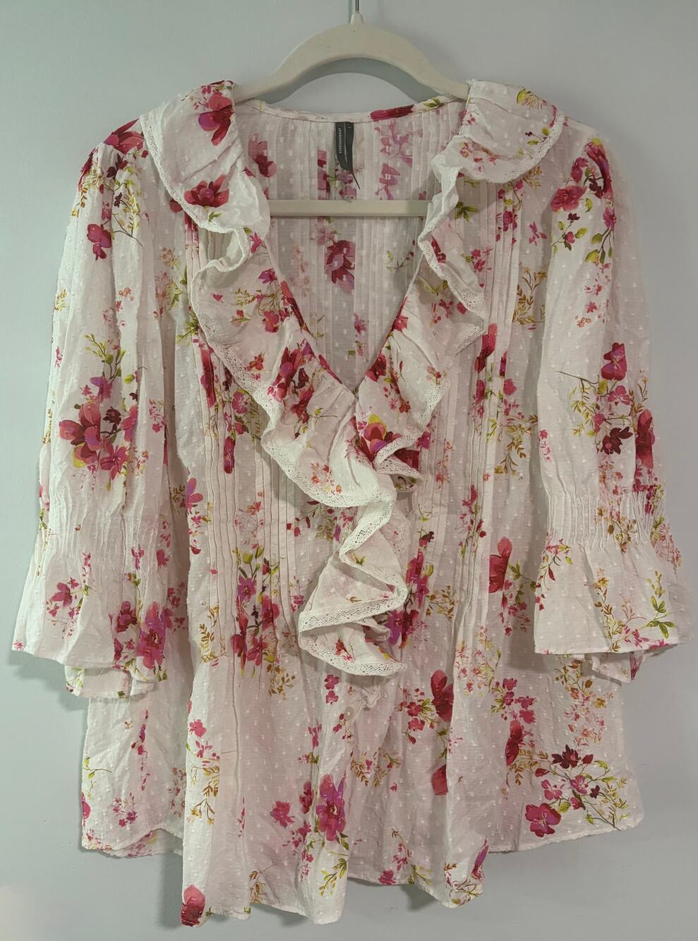 Anthropologie Pink Floral Swiss Dot Ruffle Blouse Women's Small Boho